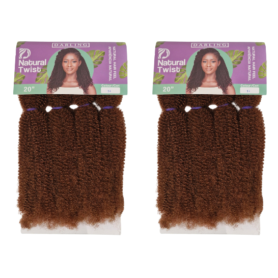 Two packs of 'Natural Twist' hair extensions on a white background with purple packaging.