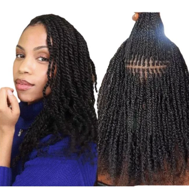 Woman with styled hair and close-up of braided hair extensions on a white background