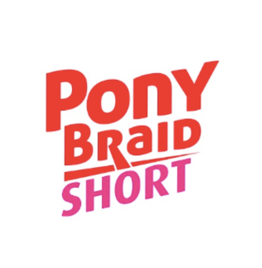 Red and pink text 'Pony Braid Short' on a white background