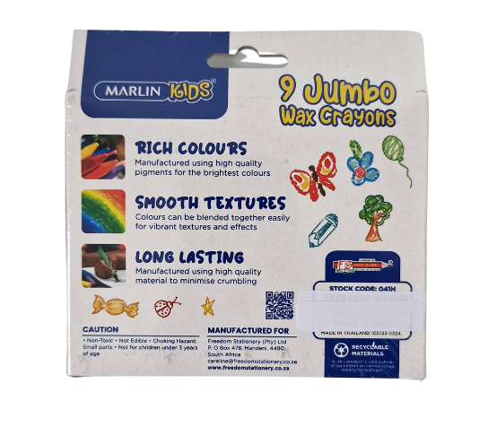 Marlin Kids 9 Jumbo Wax Crayons (14mm) Pack